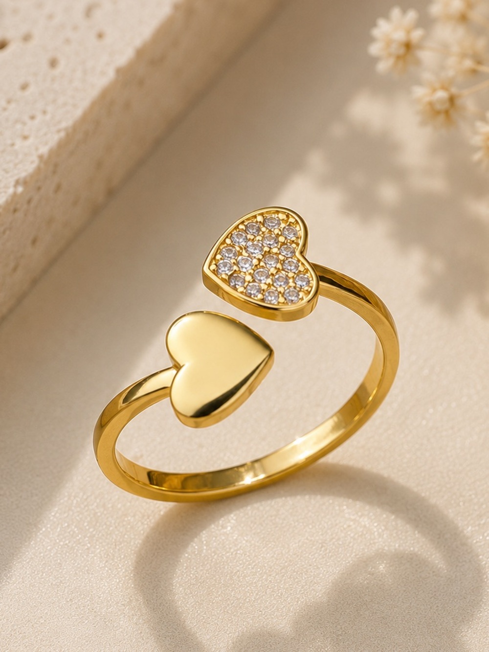 Gold Plated Open Heart Ring | 304 Stainless Steel PVD Waterproof Adjustable Ring
